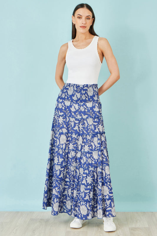 The Blue Floral – Cotton Tiered Maxi Skirt