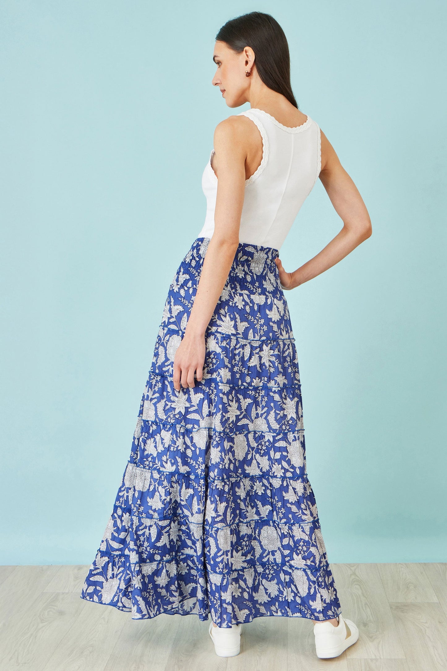 The Blue Floral – Cotton Tiered Maxi Skirt