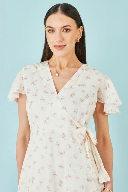 White Rose Print Wrap Over Frill Dress
