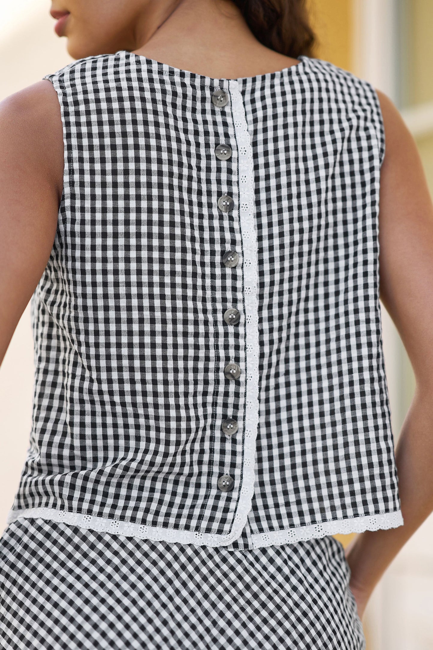 Black Gingham Cotton Top With Lace Trims