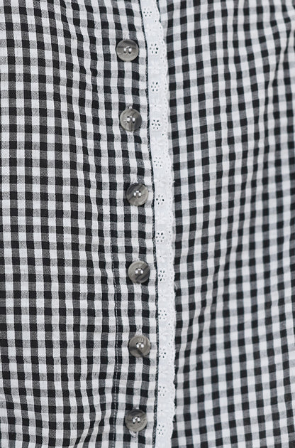 Black Gingham Cotton Top With Lace Trims