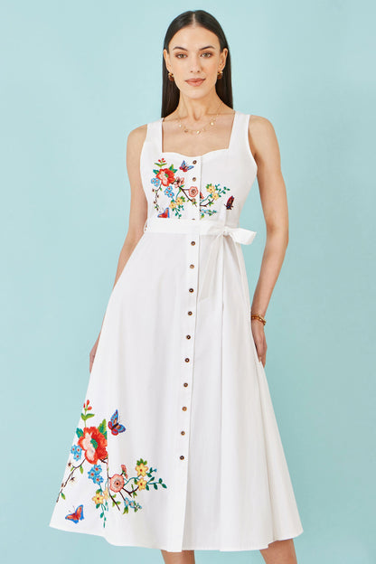 White Cotton Midi Dress With Embroidery
