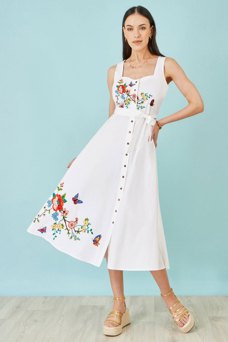 White Cotton Midi Dress With Embroidery