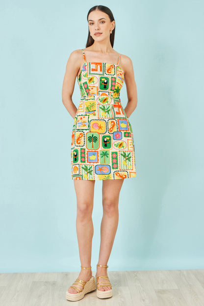 Multicolour Postcard Print Mini Sun Dress