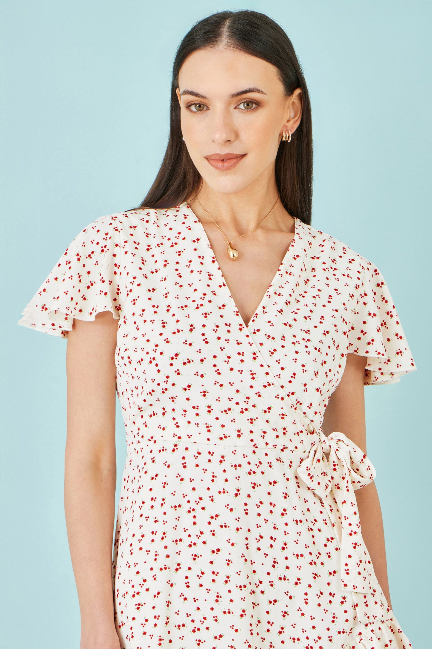White Ditsy Print Frill Wrap Dress