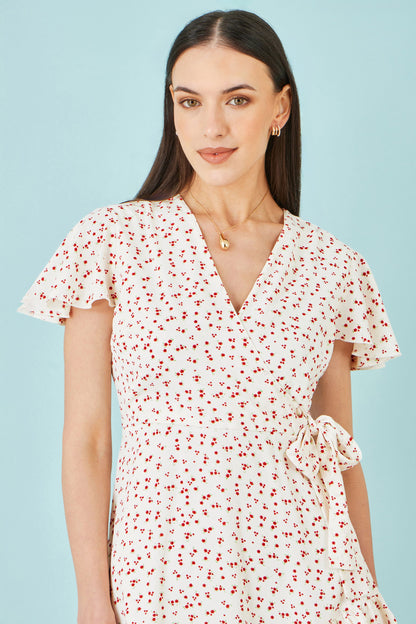 White Ditsy Print Frill Wrap Dress