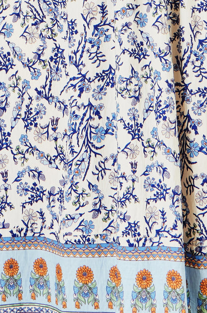 White Floral Border Print Viscose Midi Sun Dress
