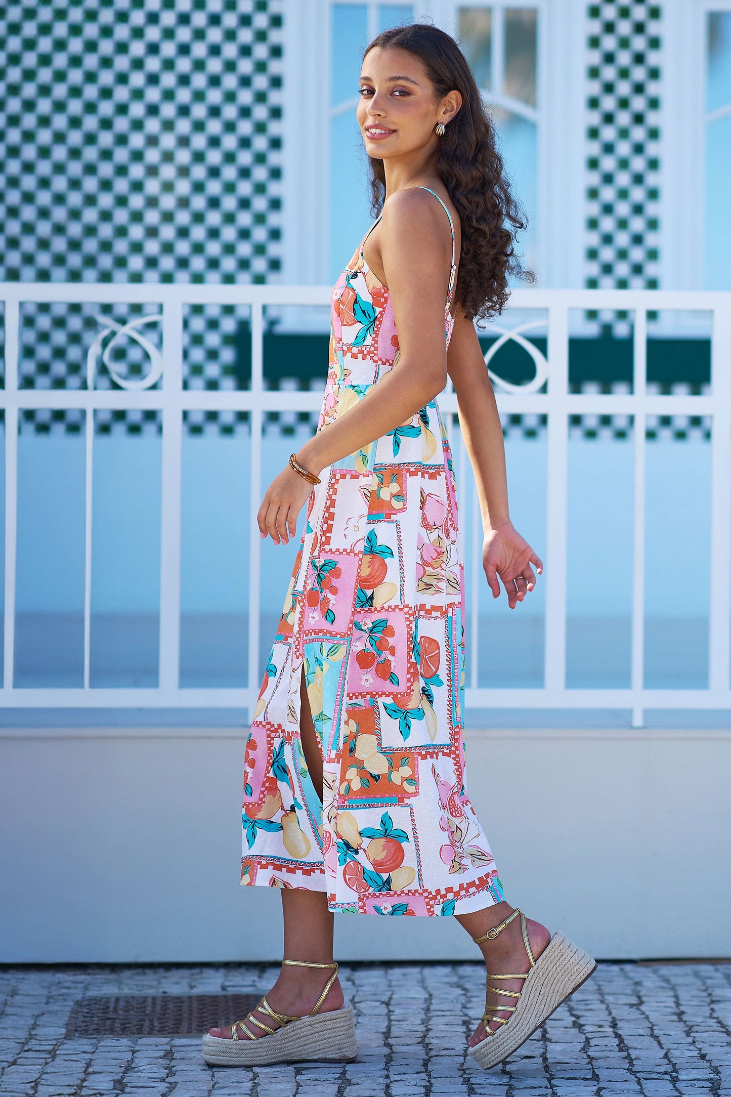 Multicolour Fruit Print Midi Sun Dress Ruched Back
