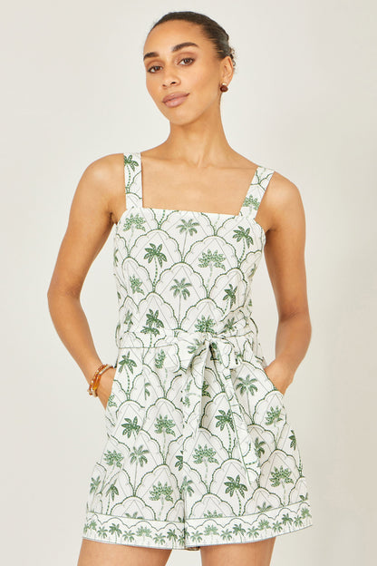 White Palm Print Cotton Playsuit