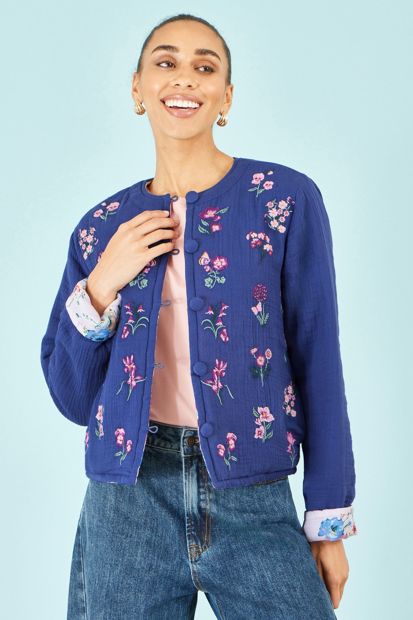Blue Floral Embroidery Cotton Jacket