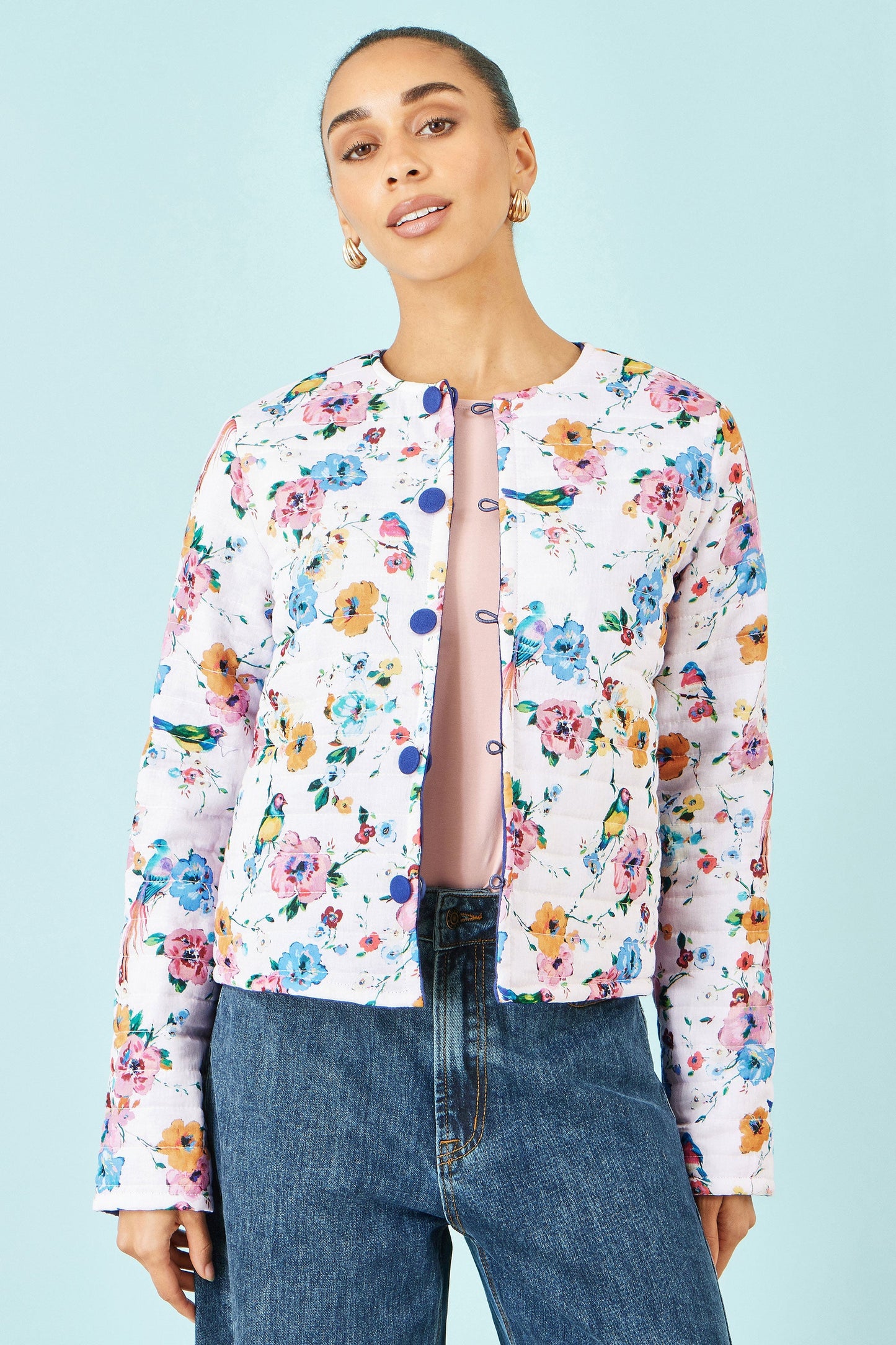 Blue Floral Embroidery Cotton Jacket