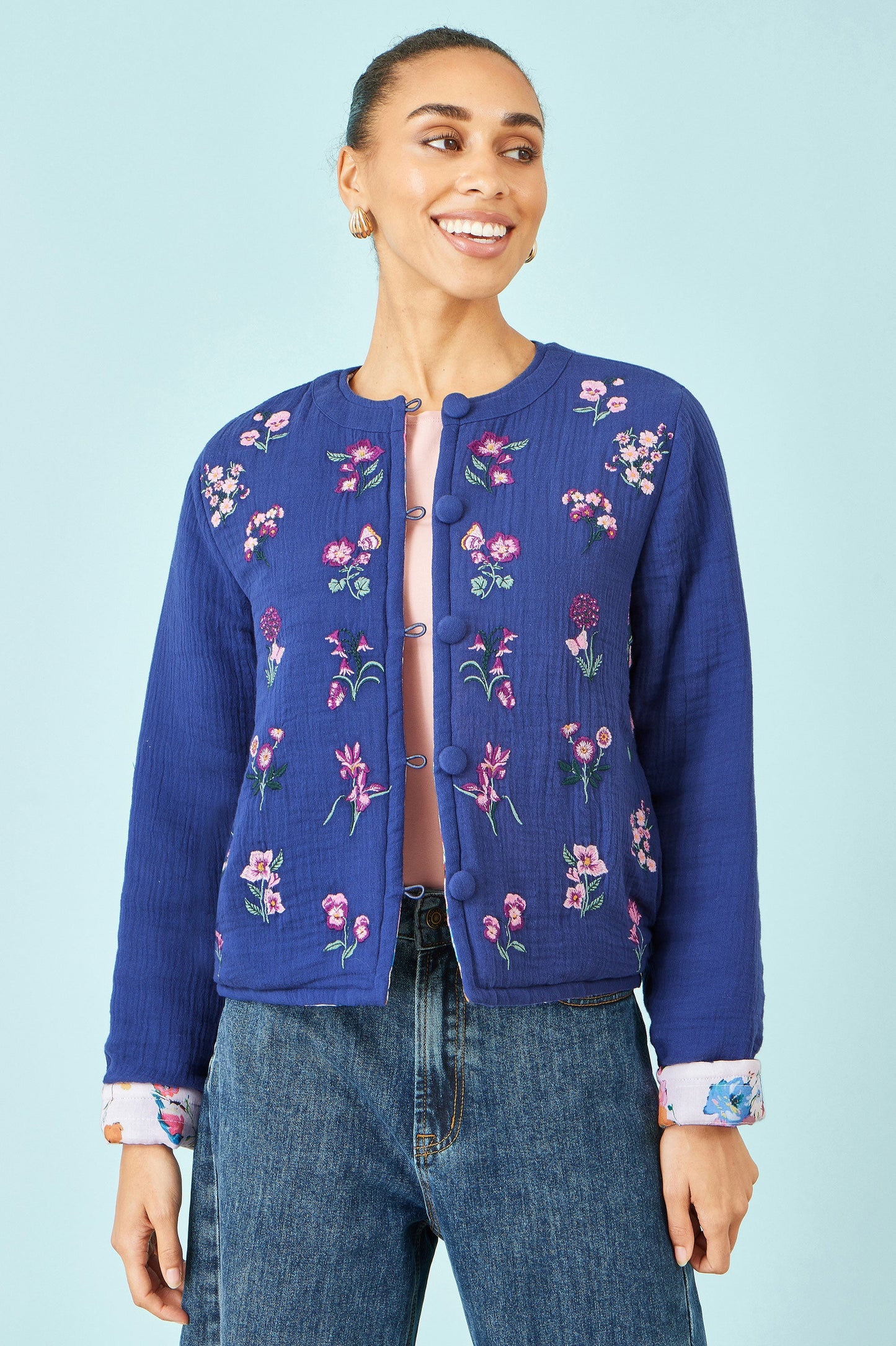 Blue Floral Embroidery Cotton Jacket