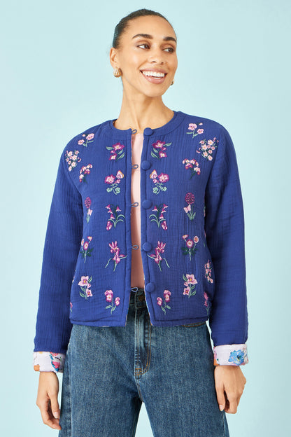 Blue Floral Embroidery Cotton Jacket
