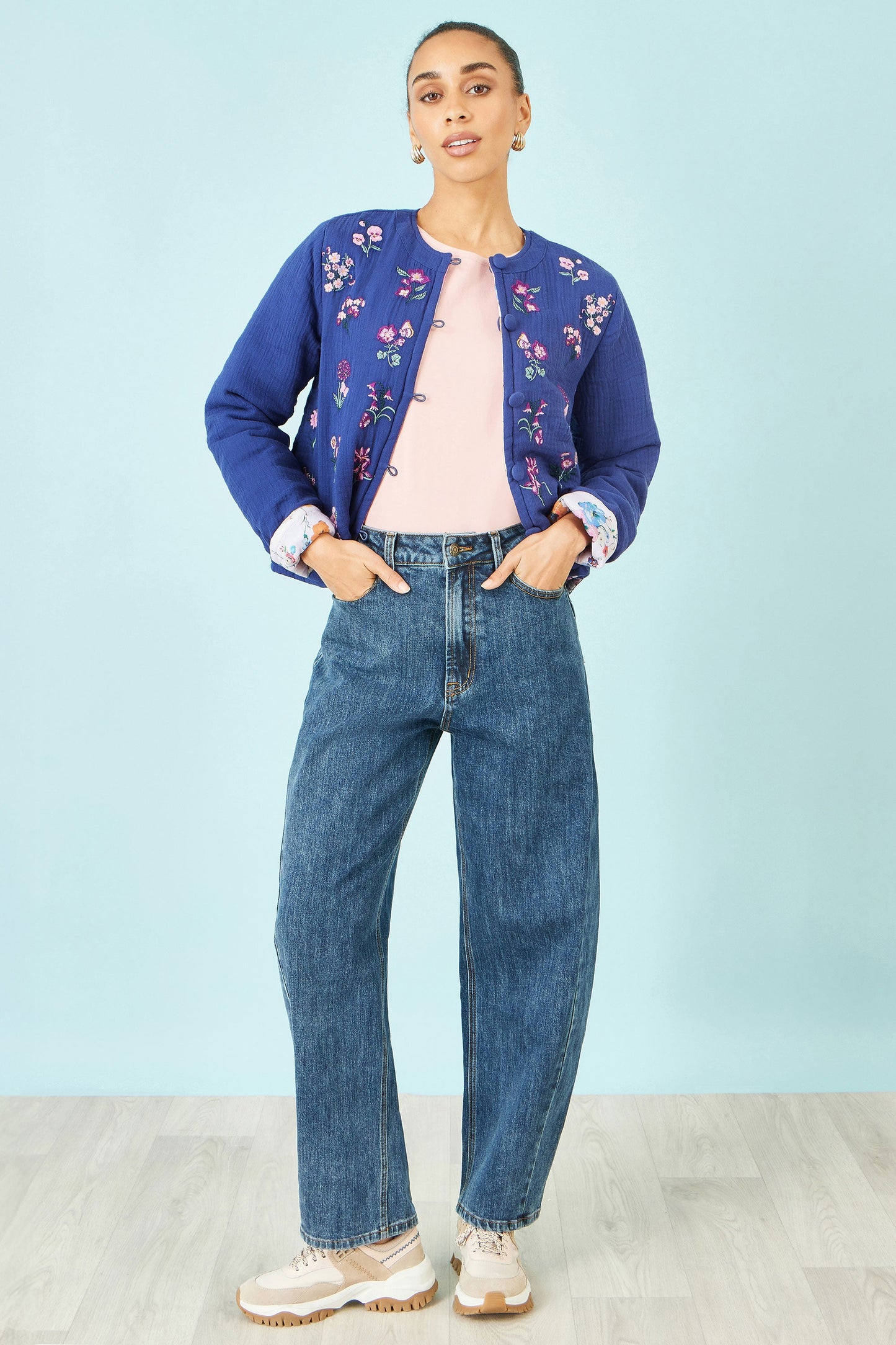 Blue Floral Embroidery Cotton Jacket
