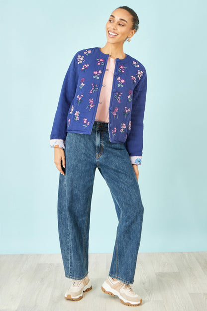 Blue Floral Embroidery Cotton Jacket