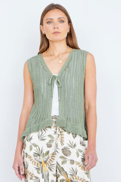 Green Knitted Cotton Tie Waistcoat Top