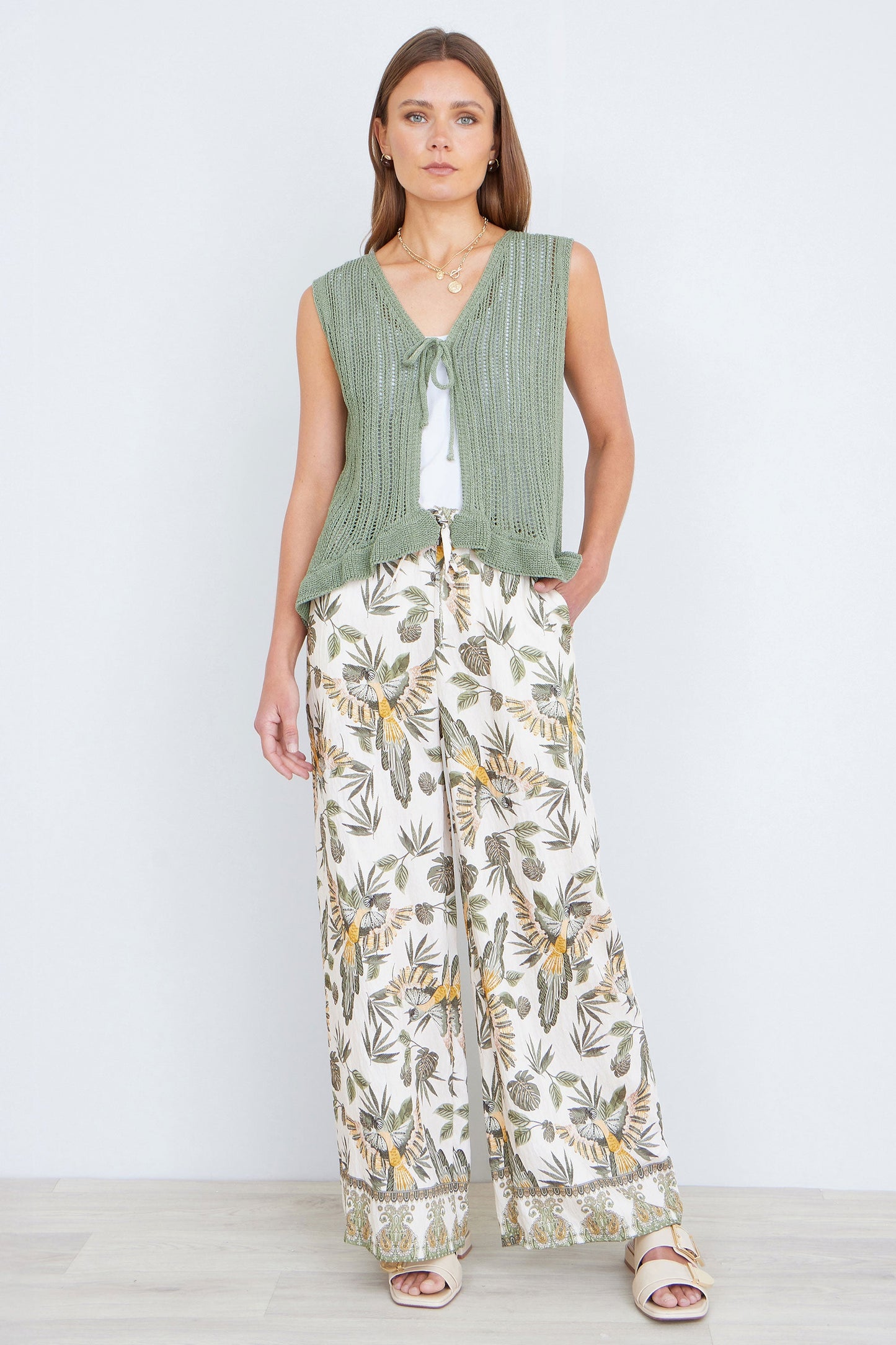 Green Knitted Cotton Tie Waistcoat Top