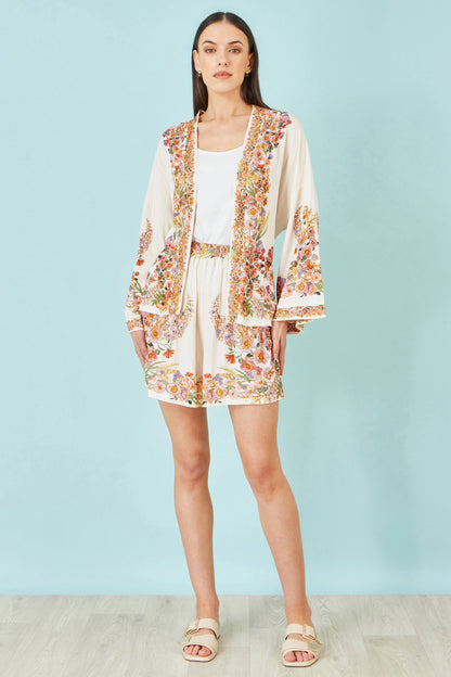 Ivory Viscose Floral Border Kimono With Tie Belt
