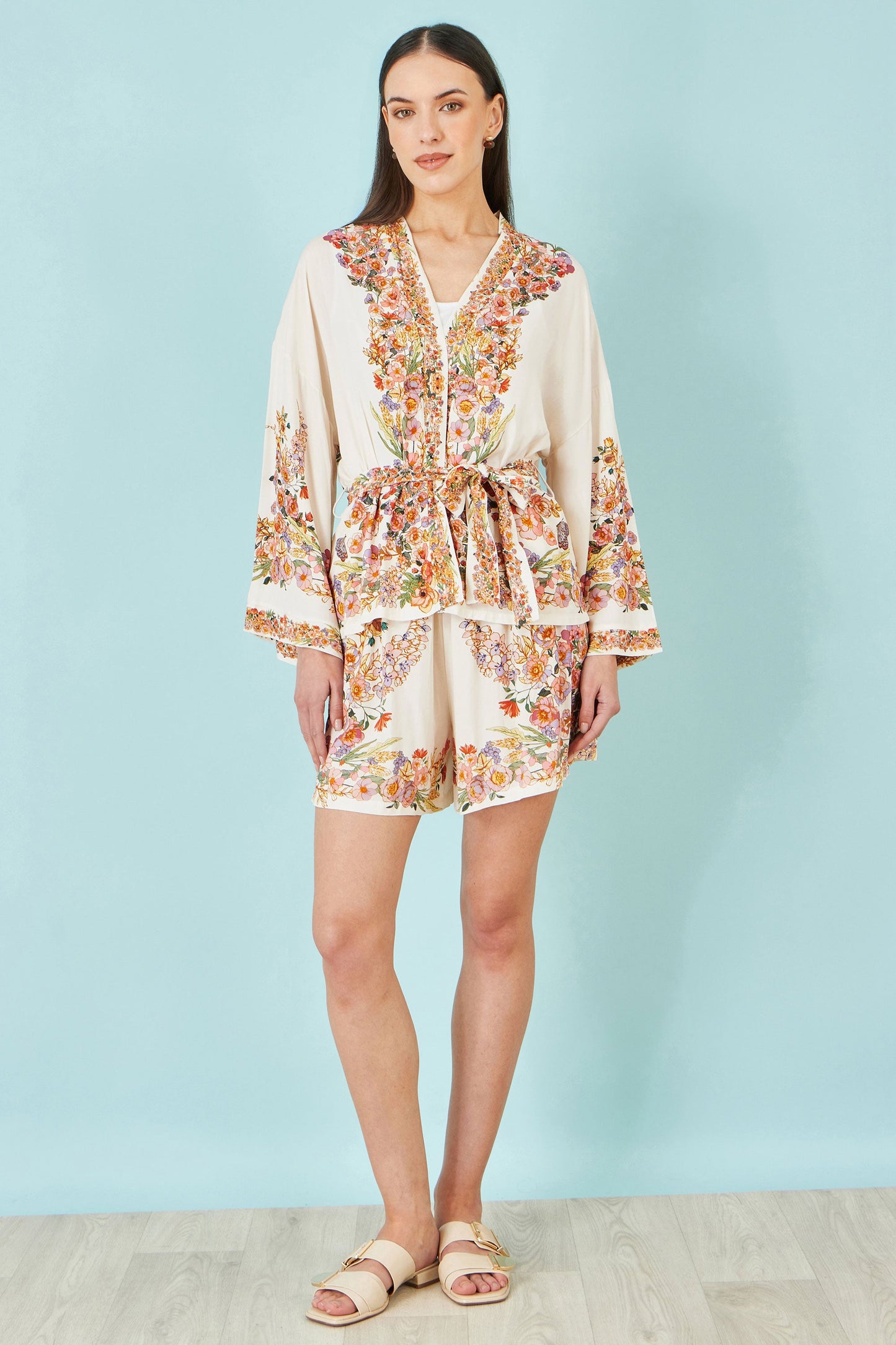 Ivory Viscose Floral Border Kimono With Tie Belt