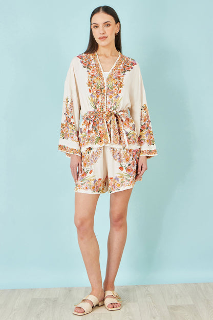 Ivory Viscose Floral Border Kimono With Tie Belt