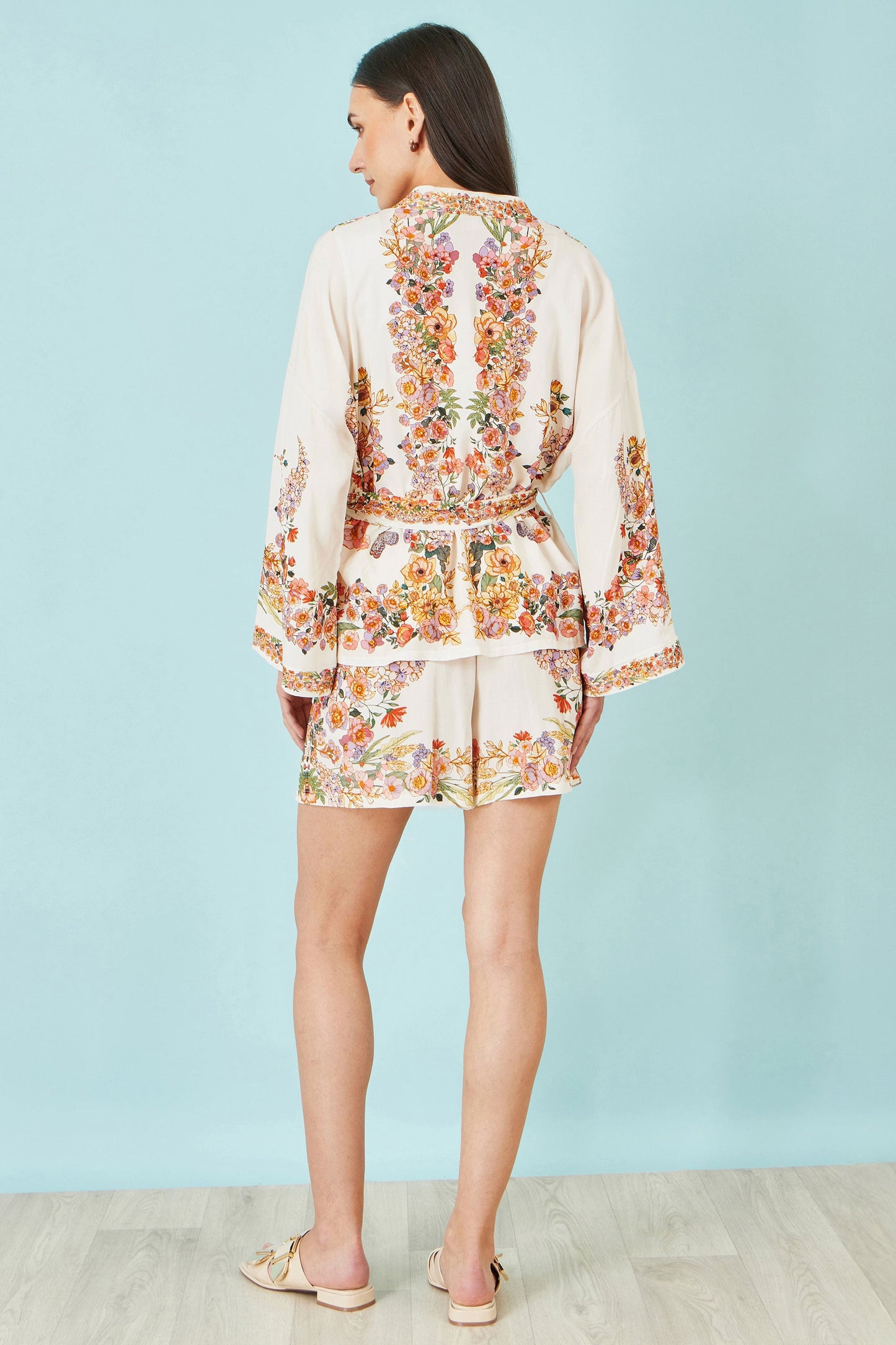 Ivory Viscose Floral Border Kimono With Tie Belt