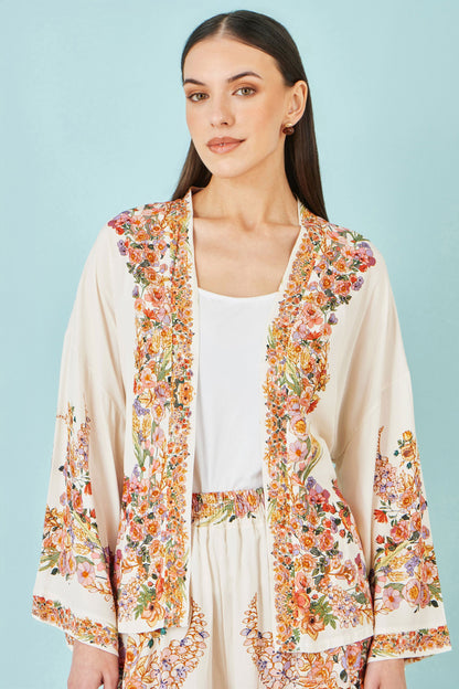 Ivory Viscose Floral Border Kimono With Tie Belt