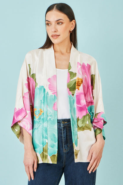 Ivory Floral Print Relaxed Kimono
