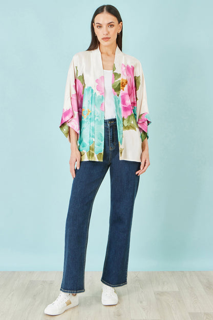 Ivory Floral Print Relaxed Kimono