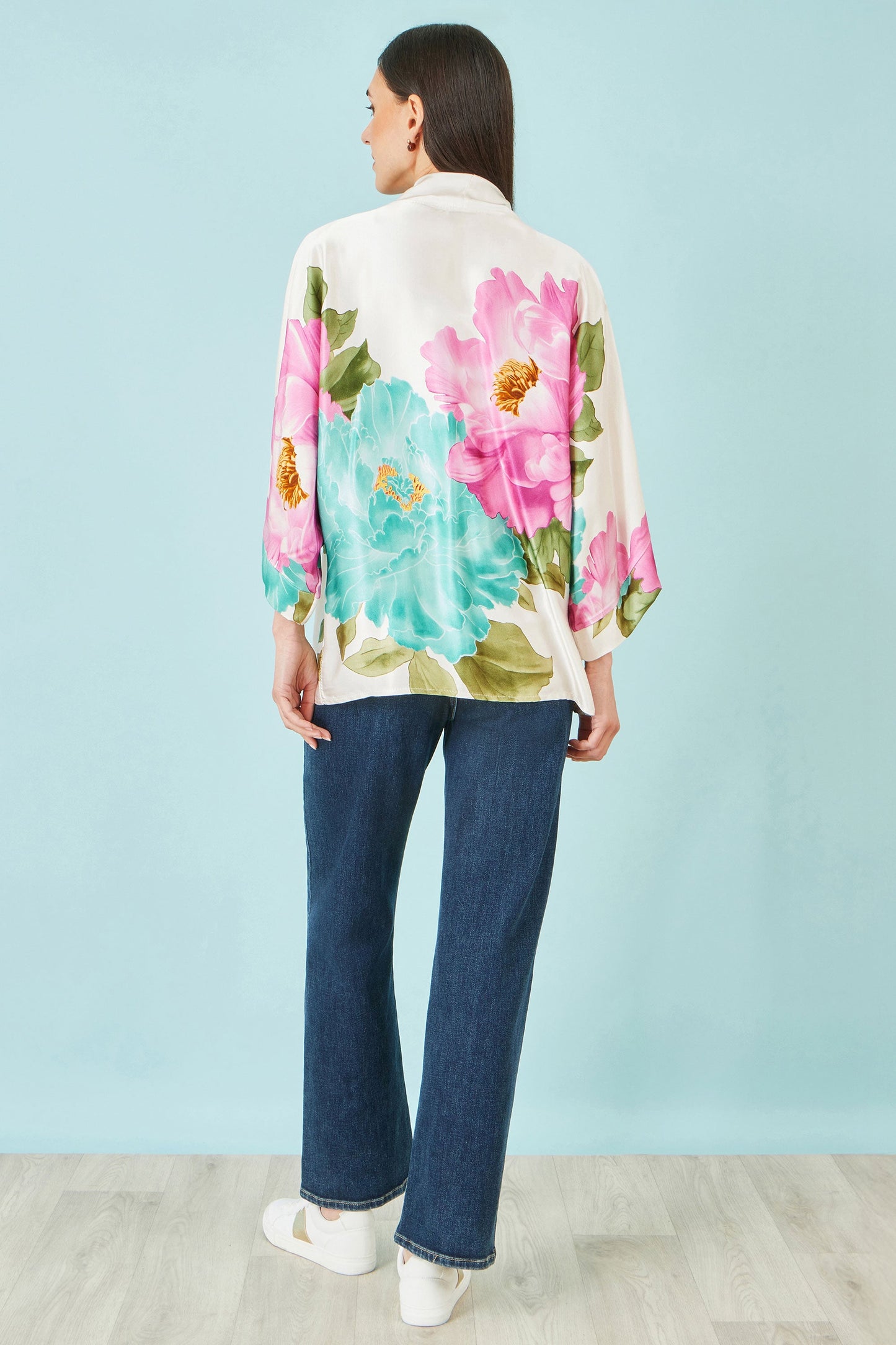 Ivory Floral Print Relaxed Kimono