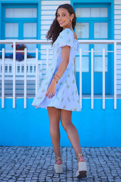 Blue Cotton Floral Puff Sleeve Skater Dress
