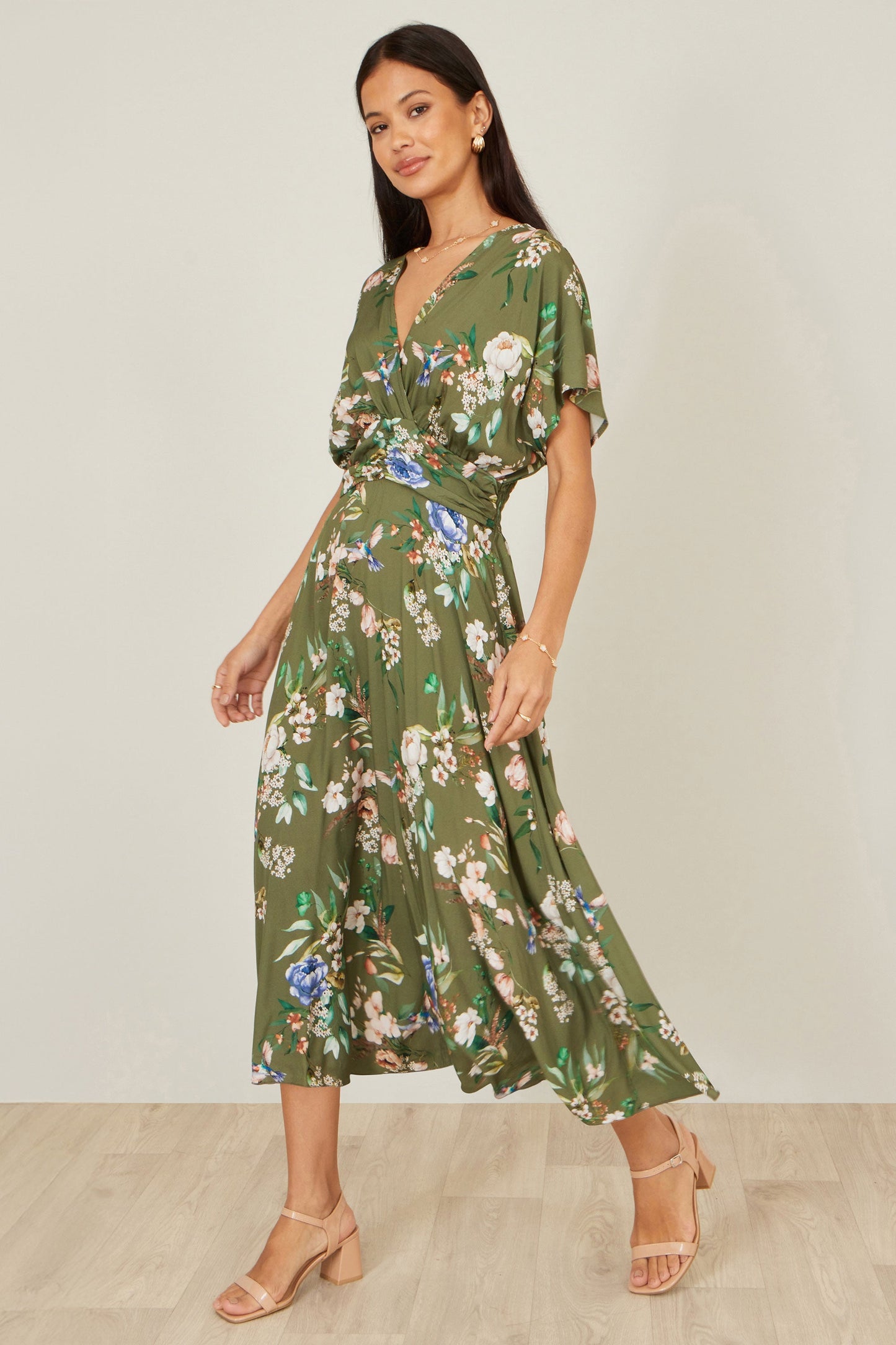 Sage Green Viscose Floral Print Midi Dress With Ruched Waist