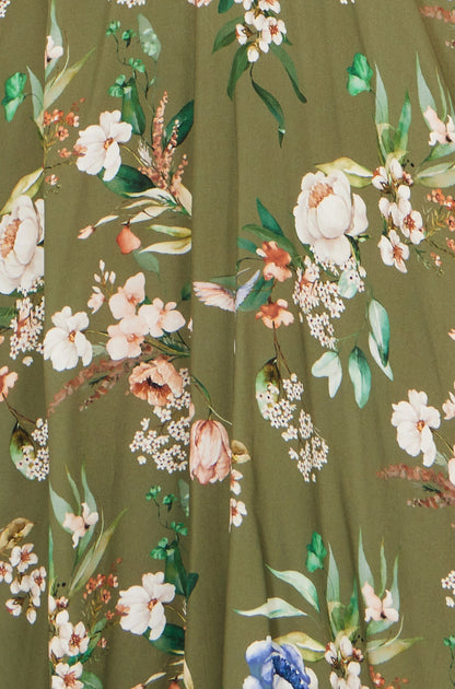 Sage Green Viscose Floral Print Midi Dress With Ruched Waist