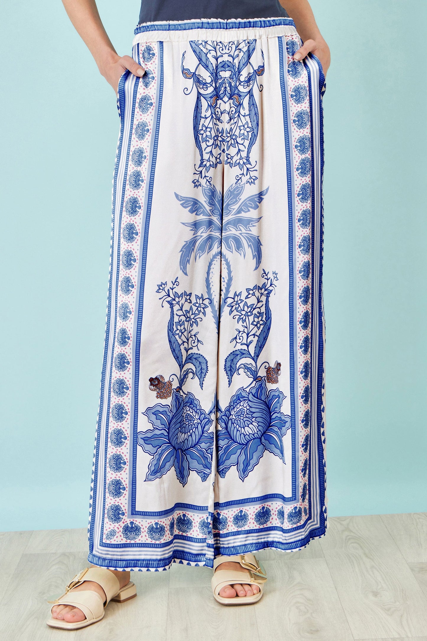 Blue Satin Print Placement Relaxed Trousers