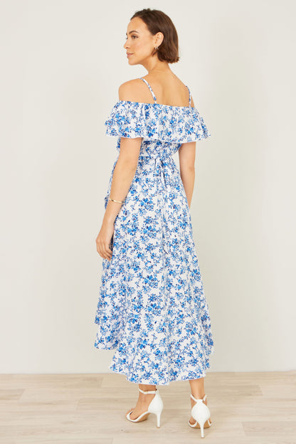 Blue Floral Print Bardot Midi Dress With Dip Hem