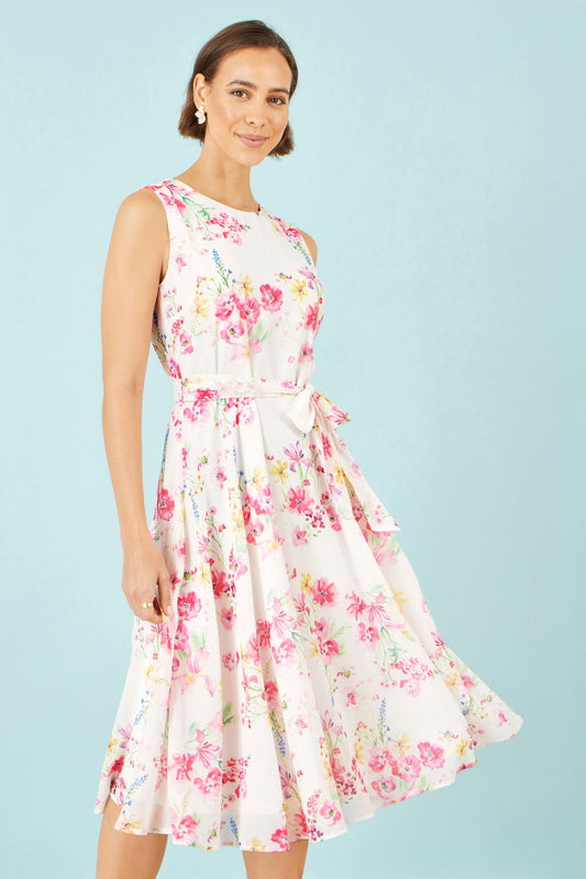 The Delicate Floral – White Midi Skater Dress
