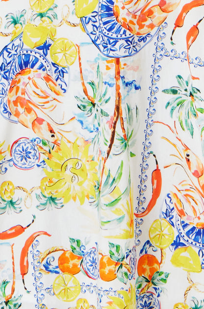 White Mediterranean Print Cotton Mini Sun Dress