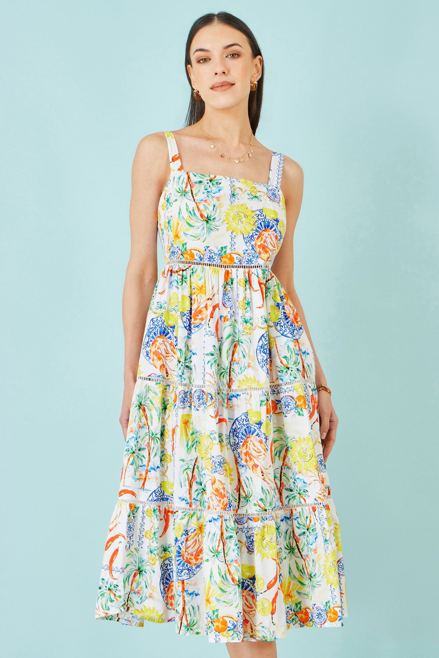 White Mediterranean Print Cotton Midi Sun Dress