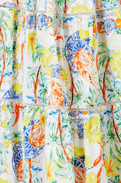 White Mediterranean Print Cotton Midi Sun Dress