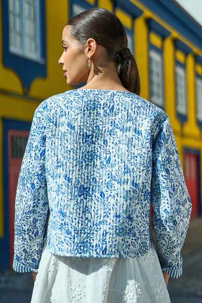 The Blue Boho Floral – Reversible Cotton Quilted Cropped Jacket