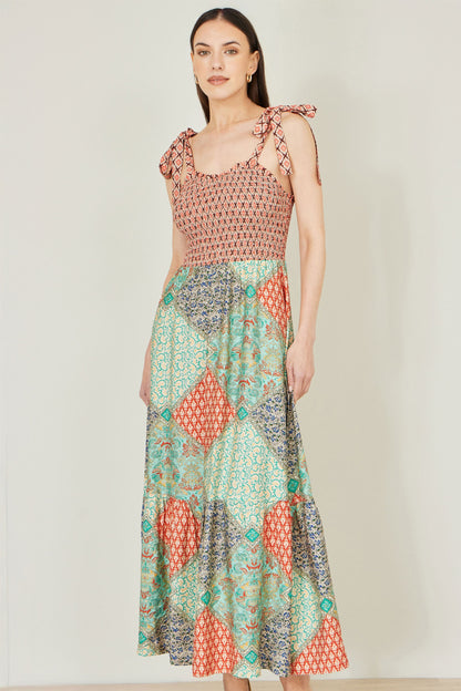 Multicolour Patchwork Ruched Smocked Maxi Sundress