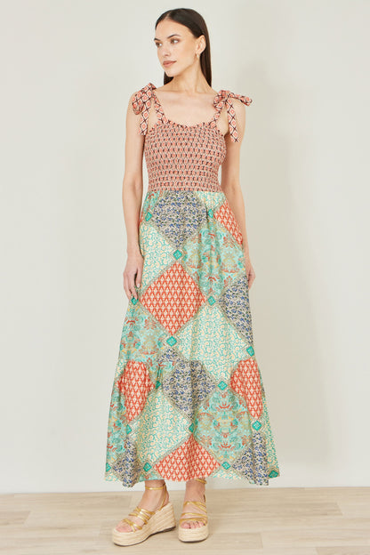 Multicolour Patchwork Ruched Smocked Maxi Sundress