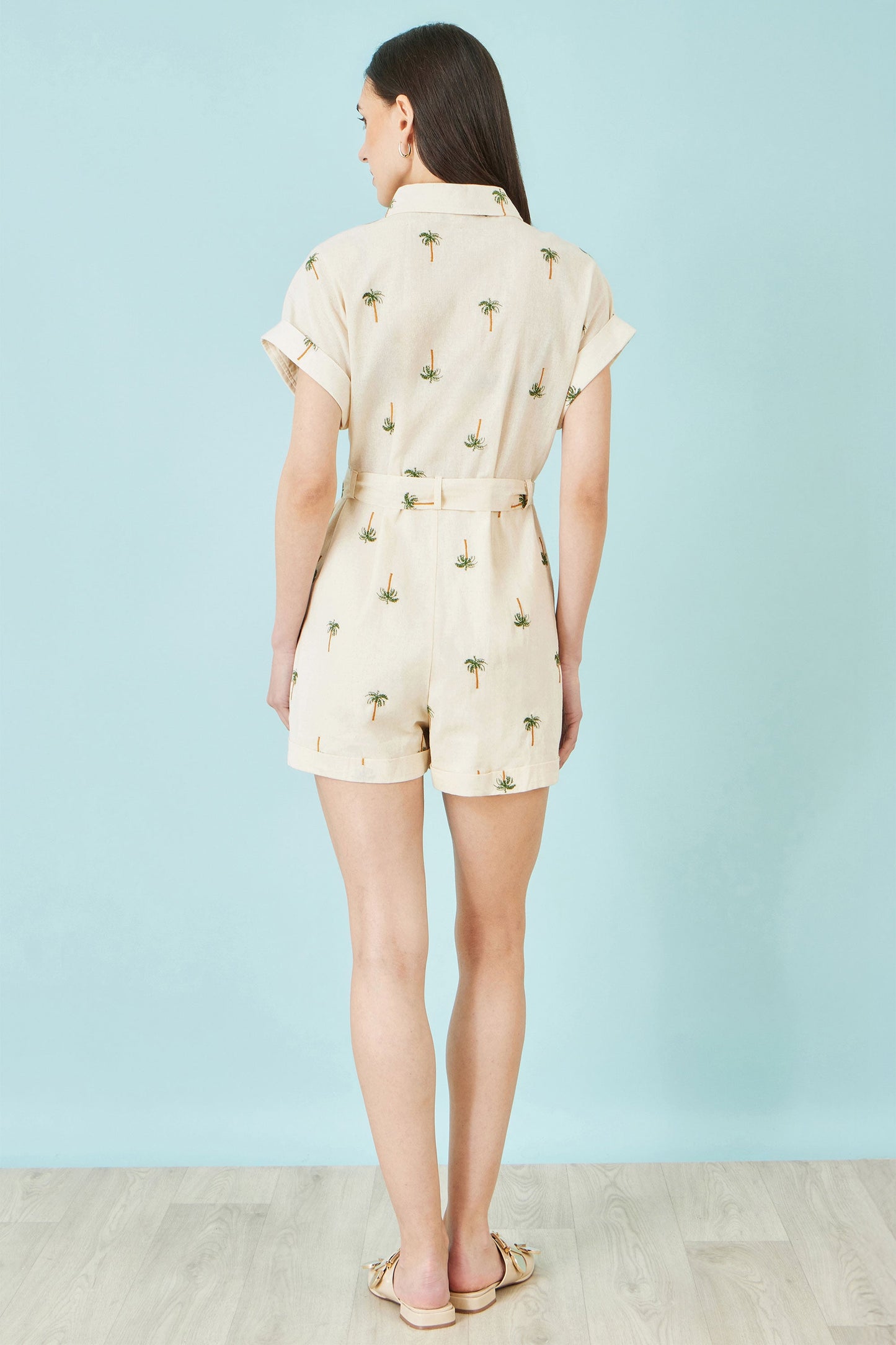 White Embroidered Palm Print Cotton Playsuit