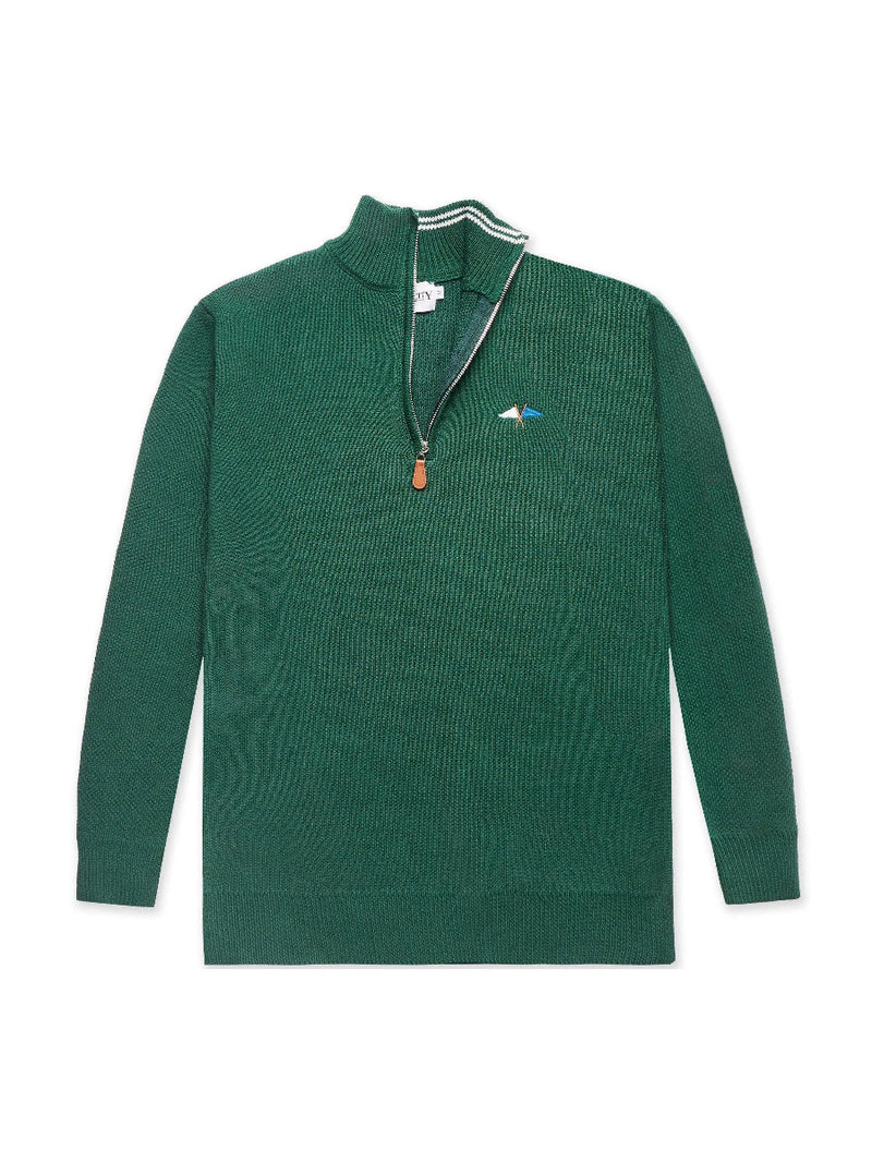 Green sweater with a small logo on a white background